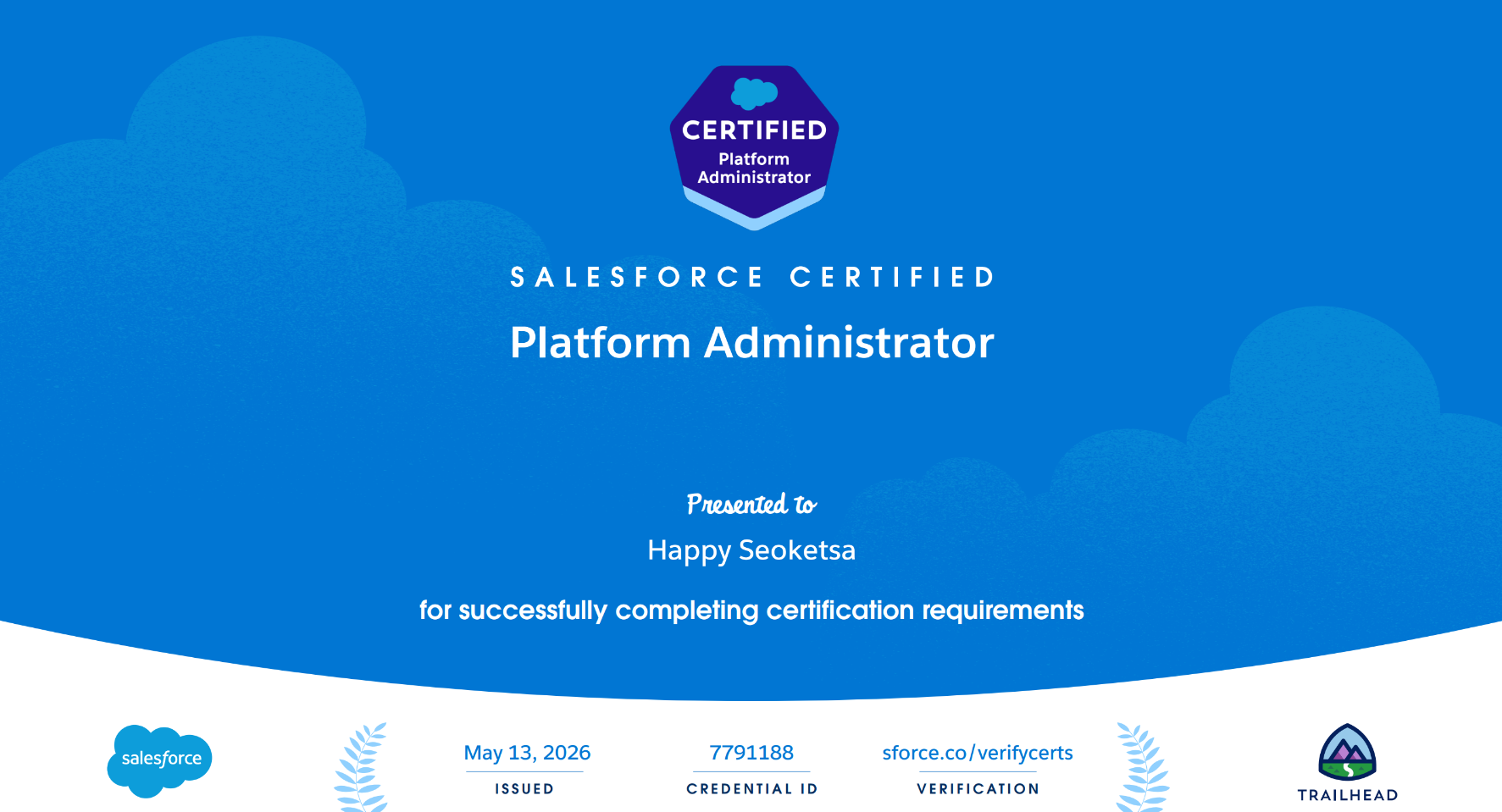 Salesforce Certified Administrator certificate presented to Happy Seoketsa
